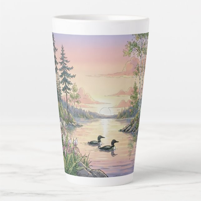 Minnesota Lake Sunset with Loons, Latte Mug (Front)