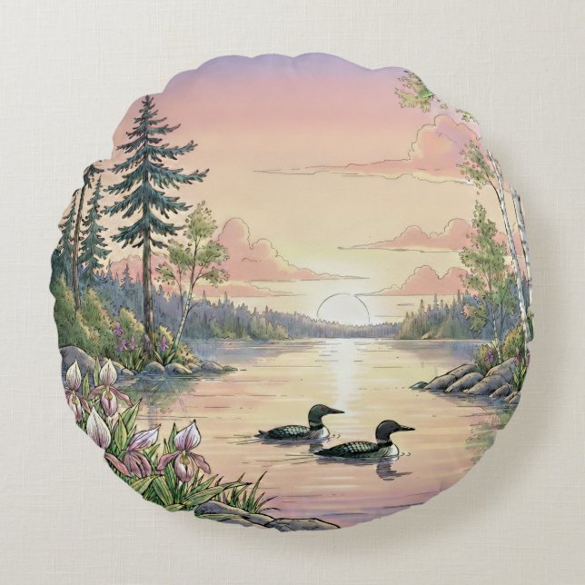 Minnesota Lake Sunset with Loons, Throw Pillow (Front)