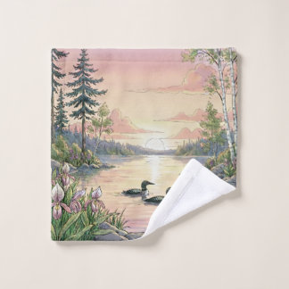 Minnesota Lake Sunset with Loons, Wash Cloth/Towel Cloth