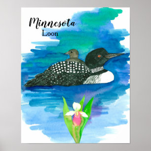 Minnesota Loon Baby Bird Water Lady Slipper Poster