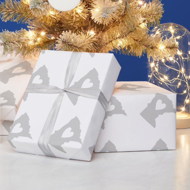Minnesota Map Shape Gray with White Heart Wrapping Paper (Holidays)