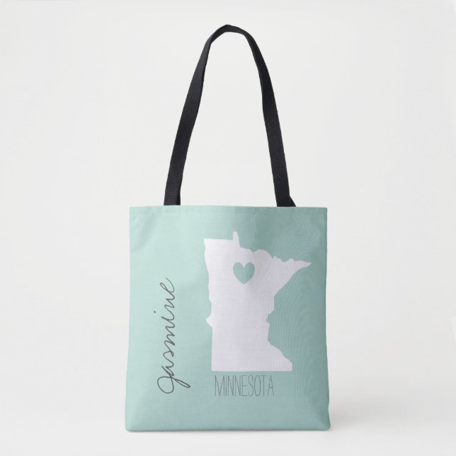Minnesota map with heart personalize name tote bag (Front)