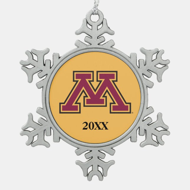 Minnesota Maroon & Gold M Snowflake Pewter Christmas Ornament (Front)