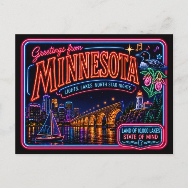 Minnesota Neon State Retro Vintage Postcard (Front)