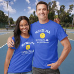 Minnesota Pickleball Add Custom Text Club Partner T-Shirt<br><div class="desc">Show off your love of pickleball with this awesome Minnesota pickleball shirt for clubs, teams, partners or everyday wear. Just add your 3 lines of custom text to make a totally unique pickleball shirt. Great for tournaments, matching club shirts or to give to your men's/women's or mixed partner. Spread the...</div>