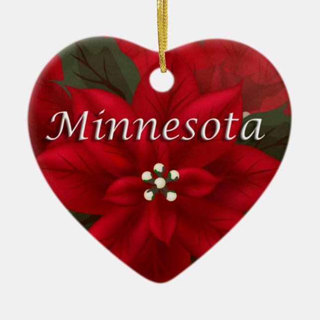 Minnesota Red Poinsettia Heart  Keepsake Ornament (Front)