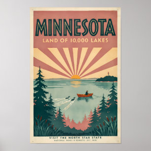 Minnesota State Illustration Travel Art Vintage Poster