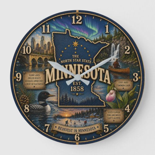 Minnesota State North Star State Lake Wilderness Large Clock