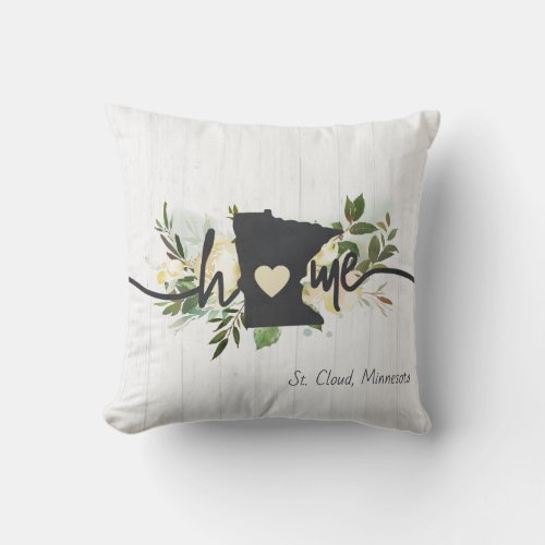 Minnesota State Personalized Your Home City Rustic Throw Pillow
