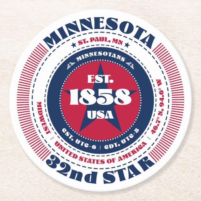 Minnesota State Red White Blue Round Paper Coaster (Front)