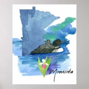 Minnesota State Shape Loon Water Lady Slipper Poster
