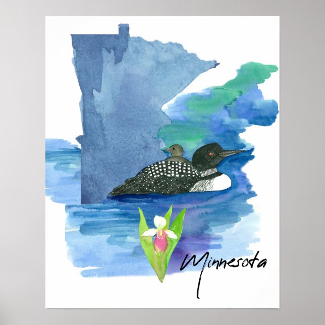 Minnesota State Shape Loon Water Lady Slipper  Poster (Front)