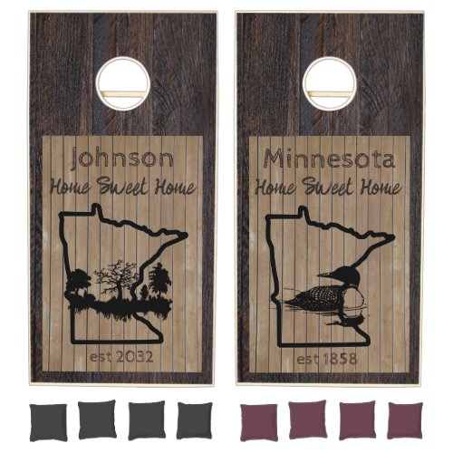 Minnesota State Shape Rustic Family Name Monogram  Cornhole Set