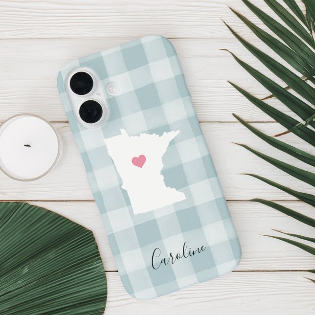 Minnesota State Silhouette Rustic Mint Plaid Case-Mate iPhone Case (Creator Uploaded)