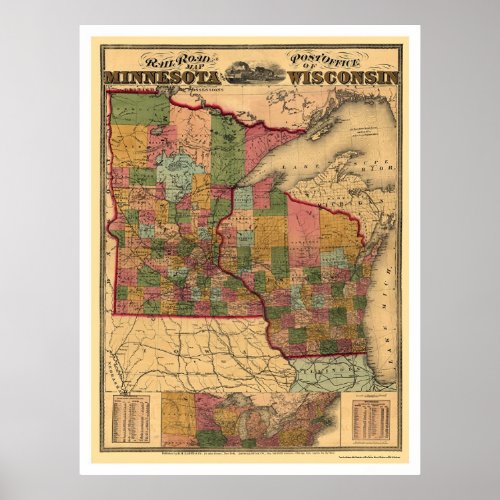 Minnesota  Wisconsin Railroad Map 1871 Poster