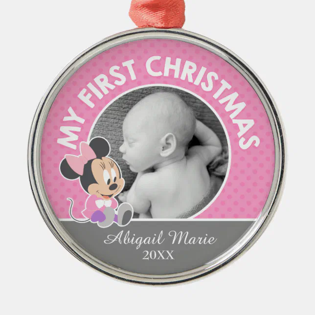 Minnie Baby's First Christmas | Add Your Name Metal Ornament | Zazzle