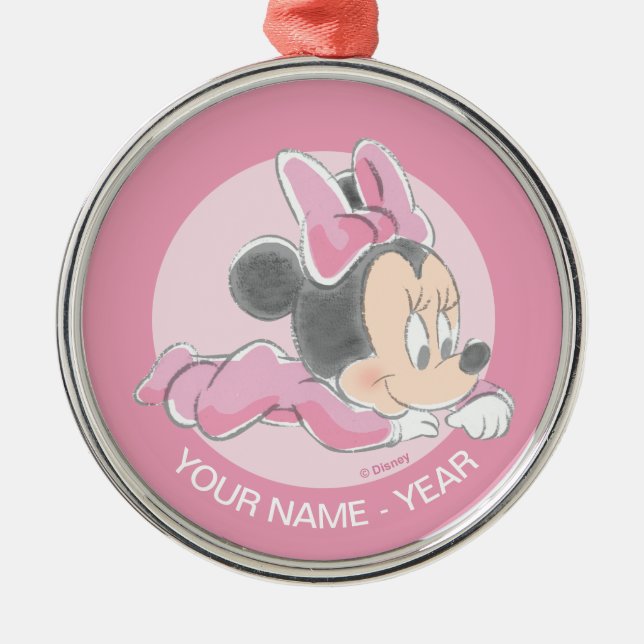 Minnie Baby's First Christmas Pink | Add Your Name Metal Ornament (Front)