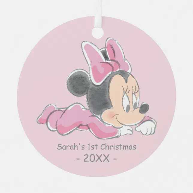 Minnie Baby's First Christmas Pink | Add Your Name Metal Ornament | Zazzle