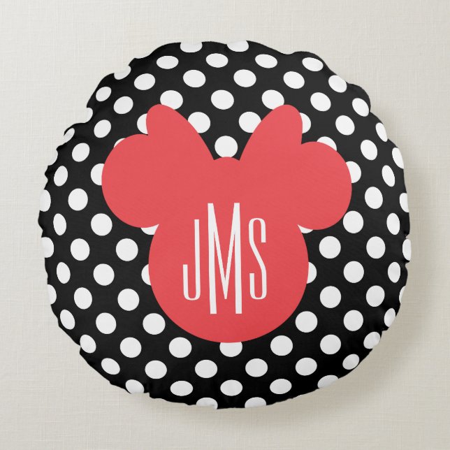 Minnie | Black and White Polka Dot Monogram Round Pillow (Front)