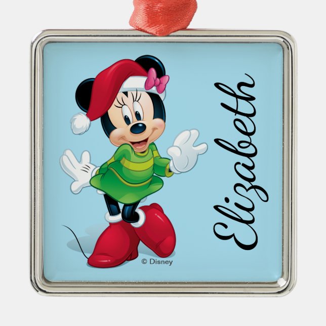 Minnie Dressed For Christmas | Add Your Name Metal Ornament (Front)
