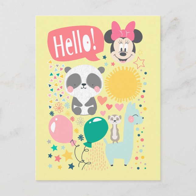 Minnie Mouse, Animals, & Balloons - Hello Postcard (Front)