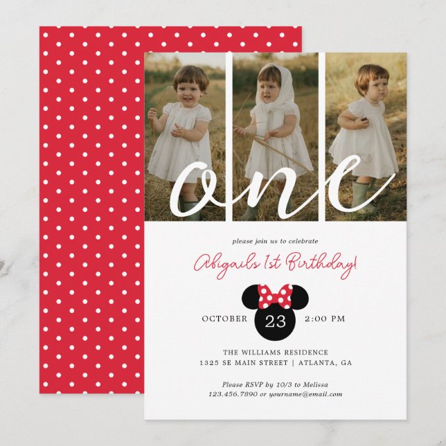 Minnie Mouse Bow 1st Birthday | Photo Collage Invitation (Front/Back)