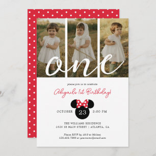 Minnie Mouse Bow 1st Birthday   Photo Collage Invitation