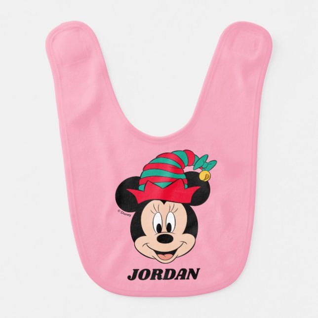 Minnie Mouse | Christmas Elf Hat Baby Bib (Front)
