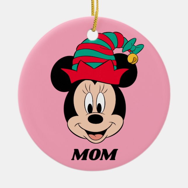 Minnie Mouse | Christmas Elf Hat Ceramic Ornament (Front)