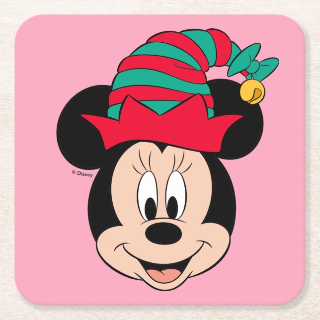 Minnie Mouse | Christmas Elf Hat Square Paper Coaster (Front)