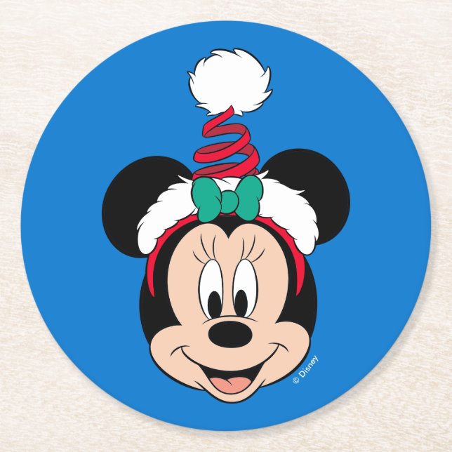 Minnie Mouse | Cute Christmas Hat Round Paper Coaster (Front)