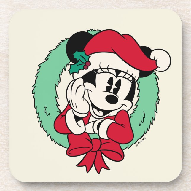 Minnie Mouse | Cute Holiday Wreath Beverage Coaster (Front)
