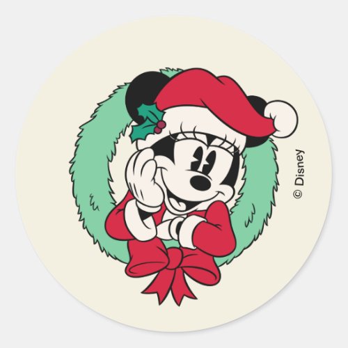 Minnie Mouse  Cute Holiday Wreath Classic Round Sticker