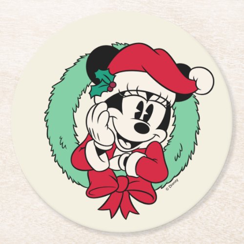 Minnie Mouse  Cute Holiday Wreath Round Paper Coaster