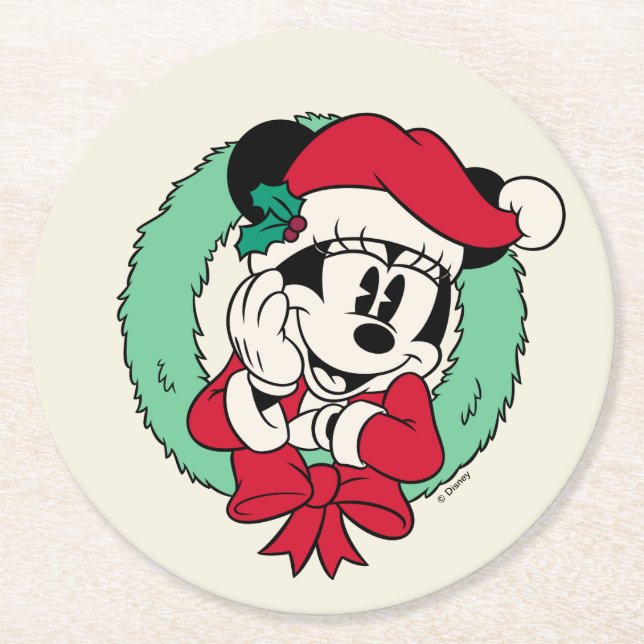 Minnie Mouse | Cute Holiday Wreath Round Paper Coaster (Front)