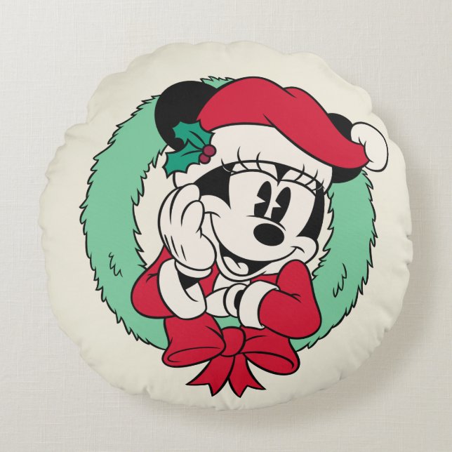 Minnie Mouse | Cute Holiday Wreath Round Pillow (Front)
