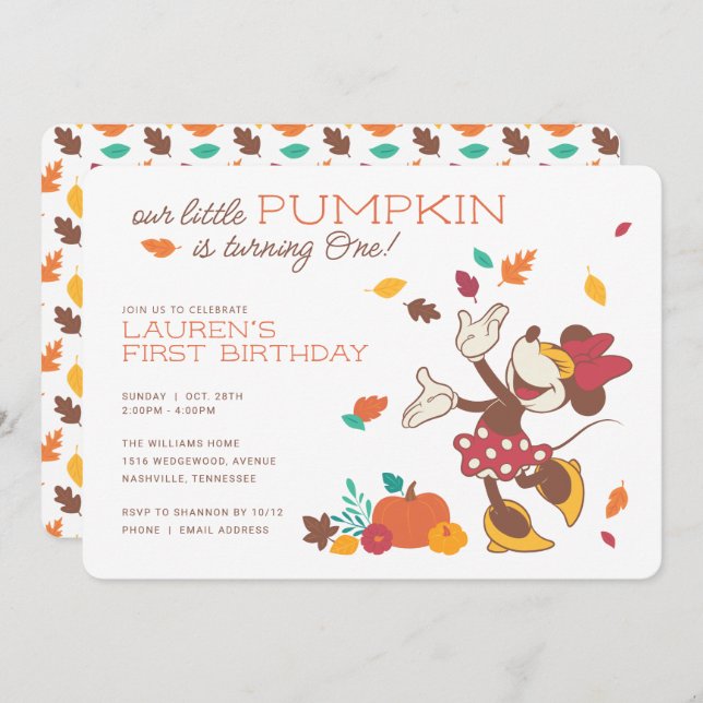 Minnie Mouse Fall Harvest Pumpkin 1st Birthday Invitation (Front/Back)