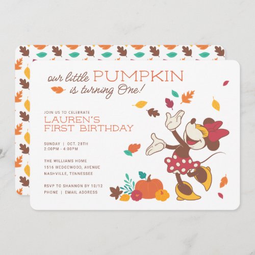 Minnie Mouse Fall Harvest Pumpkin 1st Birthday Invitation