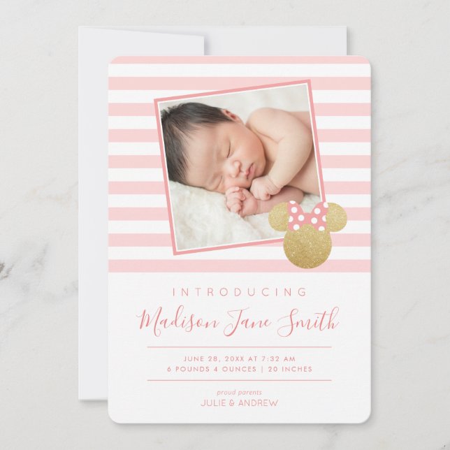 Minnie Mouse | Gold & Pink Birth Announcement (Front)