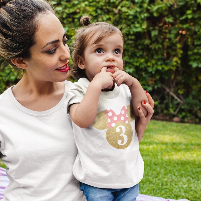 Minnie Mouse | Gold & Pink Birthday Baby T-Shirt (Baby wearing shirt)