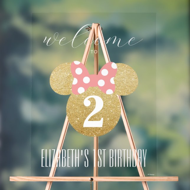 Minnie Mouse | Gold & Pink Birthday Welcome Acrylic Sign (Neutral)