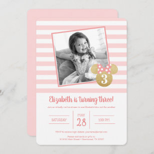 Minnie Mouse   Gold & Pink Faux Gold Birthday Invitation