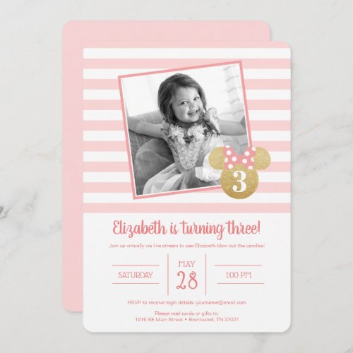 Minnie Mouse  Gold  Pink Faux Gold Birthday Invitation
