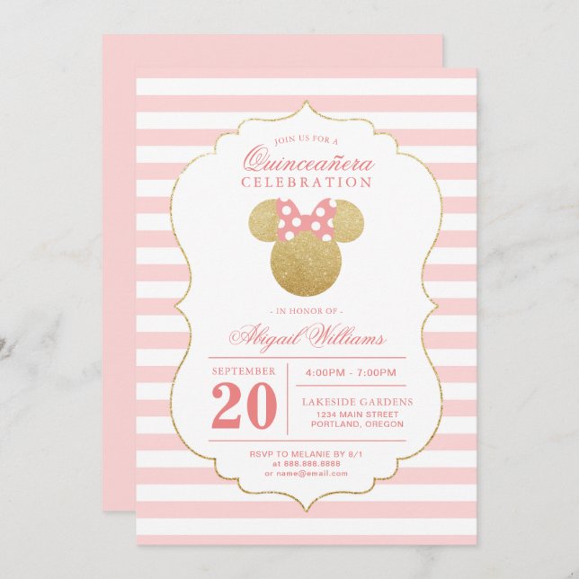 Minnie Mouse | Gold & Pink Quinceañera Celebration Invitation (Front/Back)