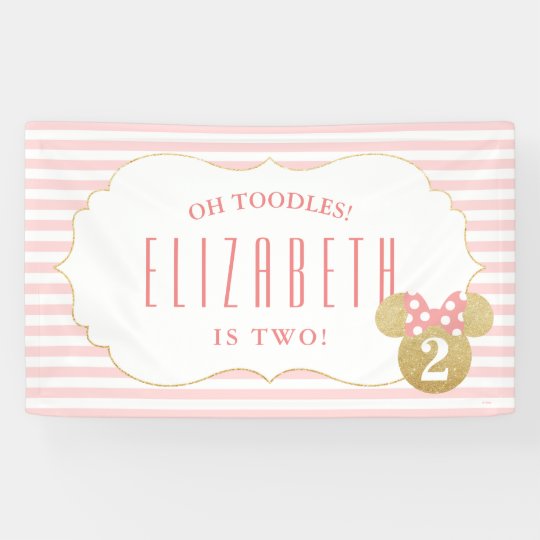 Minnie Mouse | Gold &amp; Pink Striped Birthday Banner | Zazzle.com