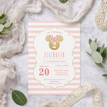 Minnie Mouse | Gold & Pink Striped Birthday Invitation by MickeyAndFriends at Zazzle