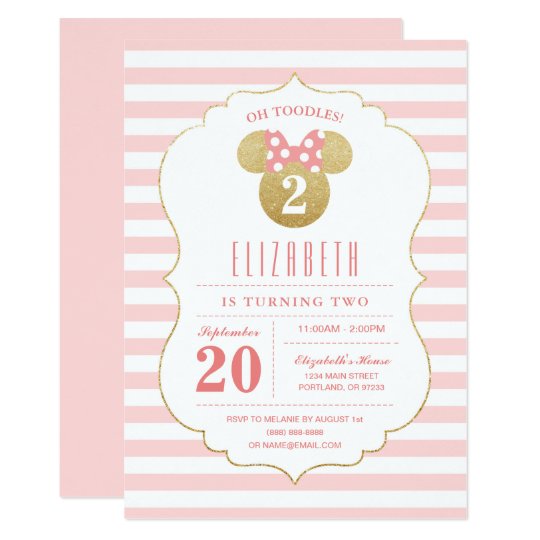 Minnie Mouse Gold Pink Striped Birthday Invitation Zazzle Com