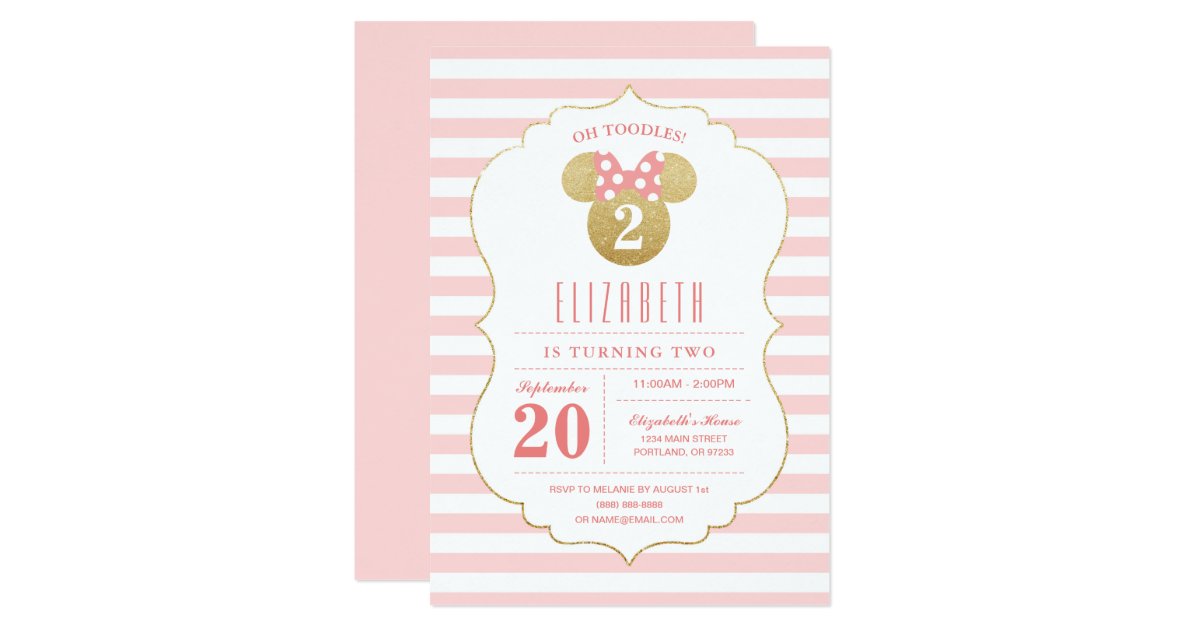 Minnie Mouse Gold Pink Striped Birthday Invitation Zazzle Com