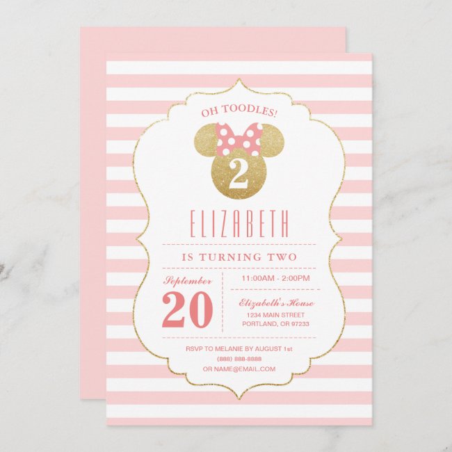 Minnie Mouse | Gold & Pink Striped Birthday Invitation