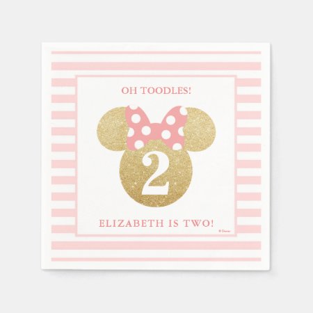 Minnie Mouse | Gold & Pink Striped Birthday Paper Napkins